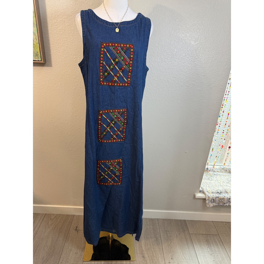 Vintage Denim Embroidered‎ Maxi Dress Blue Cotton Sleeveless Size 8